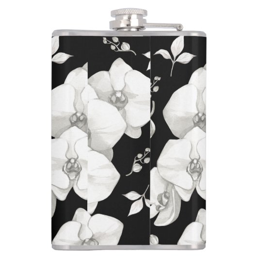 Wasserfarbe Weiße Orchidee, schwarz | Flachmann (Rückseite)
