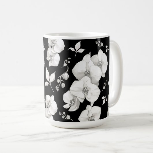 Wasserfarbe Weiße Orchidee, schwarz | Kaffeetasse (VorderseiteRechts)