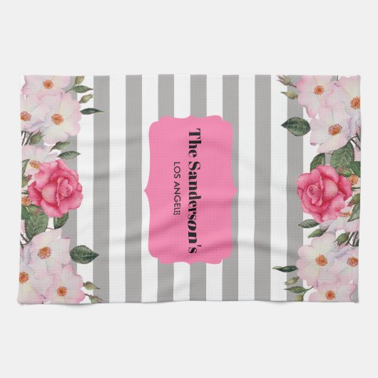 Wasserfarbe Weiße Rosen Graue Streifen Geschirrtuch (Horizontal)