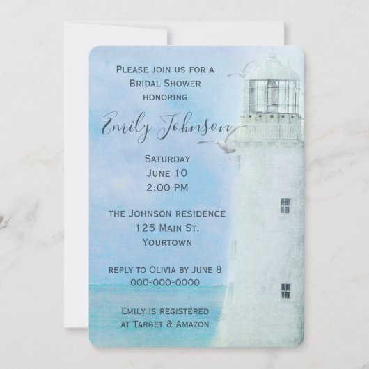 Wasserfarbe Weißer Leuchtturm und Möwen Einladung (Vorderseite)