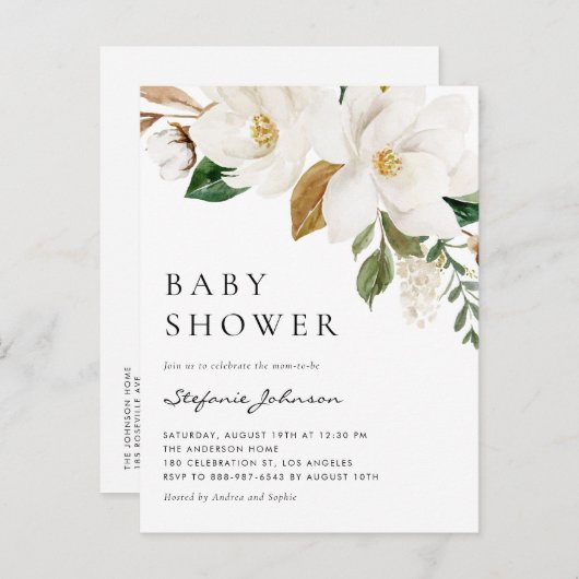 Wasserfarbe Weißer Magnolia Rustikale Babydusche Einladungspostkarte (Vorne/Hinten)