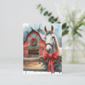 Wasserfarbe Weißes Pferd und festliche Farm Weihna Postkarte (Stehend Vorderseite)