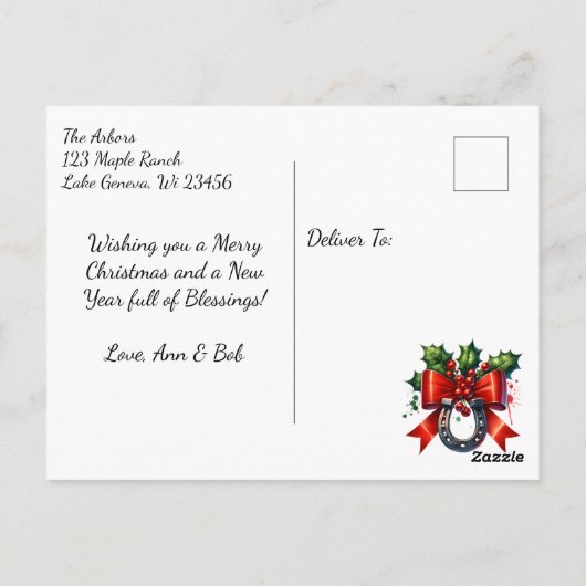 Wasserfarbe Weißes Pferd und festliche Farm Weihna Postkarte (Rückseite)