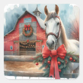 Wasserfarbe Weißes Pferd und festliche Farm Weihna Quadratischer Aufkleber (Vorderseite)