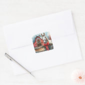 Wasserfarbe Weißes Pferd und festliche Farm Weihna Quadratischer Aufkleber (Umschlag)