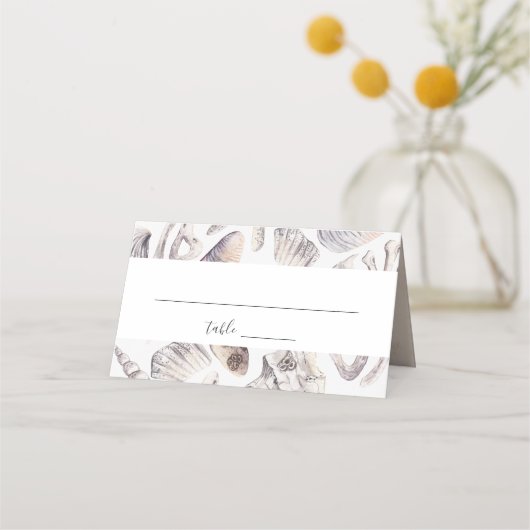 Wasserfarbe Weißmeer Muschel Korallenstrand Hochze Platzkarte (Vorderseite)