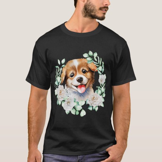 Wasserfarbe Welpe Liebe mit Weißen Rosen T-Shirt (Vorderseite)