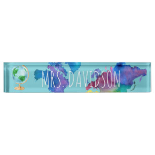 Wasserfarbe Weltkarte Namensplakette