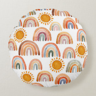 Wasserfarbe Whimsical Boho Rainbow and Sun  Rundes Kissen