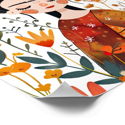 Wasserfarbe Whimsical Frida Kahlo mit Blume Poster (Ecke)