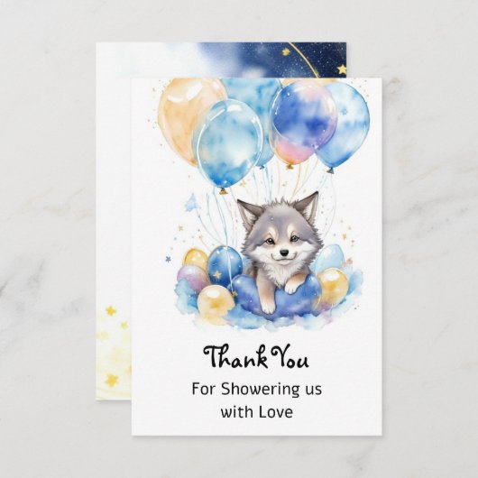 Wasserfarbe Whimsical Wolf Cub Babydusche Dankeskarte (Vorne/Hinten)