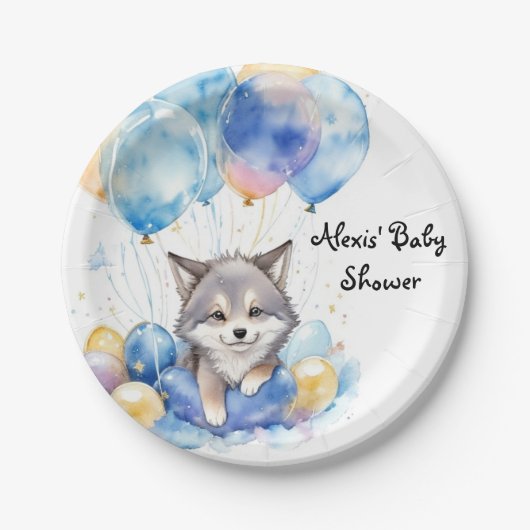 Wasserfarbe Whimsical Wolf Cub Babydusche Pappteller (Vorderseite)