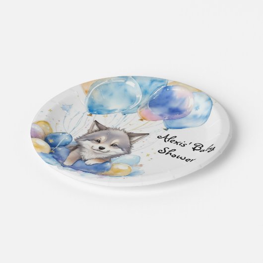 Wasserfarbe Whimsical Wolf Cub Babydusche Pappteller (Schrägansicht)