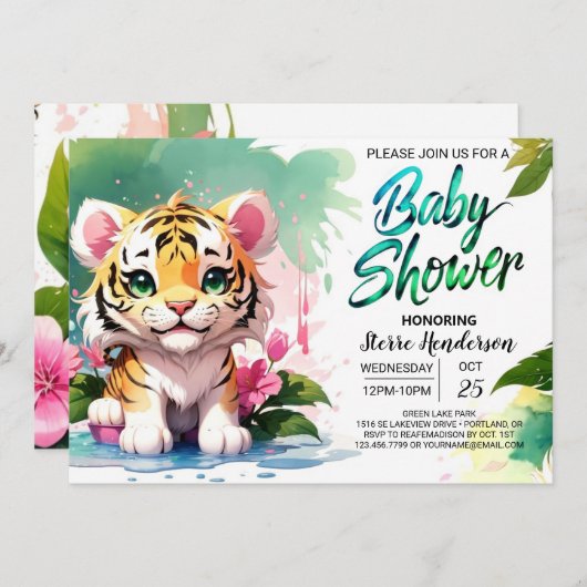 Wasserfarbe Whiskers Tiger Baby Dusche Einladung (Vorne/Hinten)
