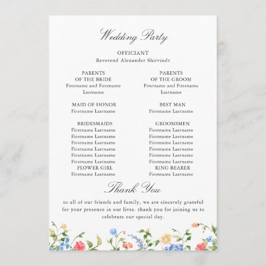 Wasserfarbe Wildblume Boho Hochzeit Programm (Rückseite)