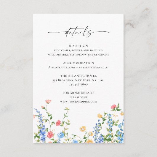 Wasserfarbe Wildblume Boho Hochzeitdetails Begleitkarte (Vorderseite)