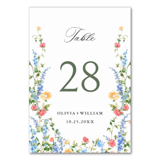 Wasserfarbe Wildblume Boho Wedding Tischnummer (Vorderseite)