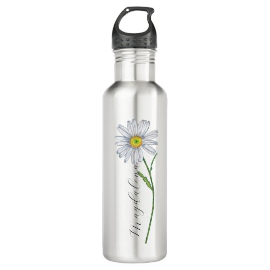 Wasserfarbe Wildblume Daisy Eleganter Skriptname Edelstahlflasche (Vorderseite)