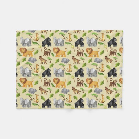 Wasserfarbe Wilde Tiersafari Jungle Muster Fleecedecke (Vorderseite (Horizontal))