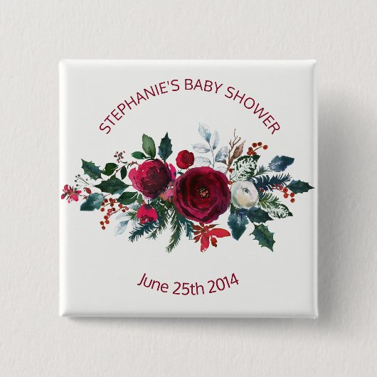 Wasserfarbe Winter Burgund Blume Kinderdusche Button (Vorderseite)