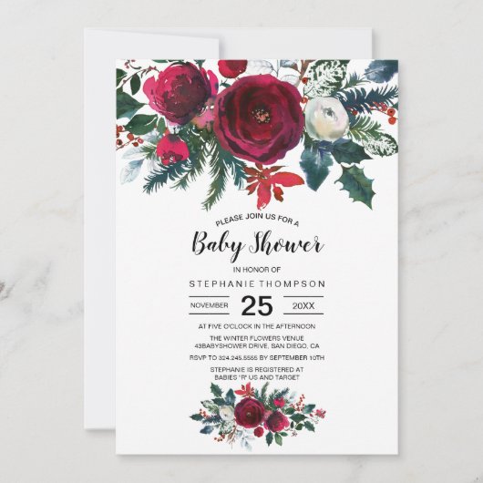 Wasserfarbe Winter Burgund Blume Kinderdusche Einladung (Vorderseite)