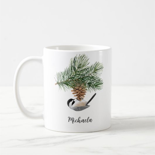 Wasserfarbe Winter Chickadeo auf Pine Cone Kaffeetasse (Links)