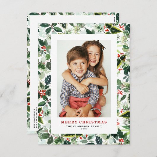 Wasserfarbe Winter Grün Frohe Weihnachten Foto (Vorne/Hinten)