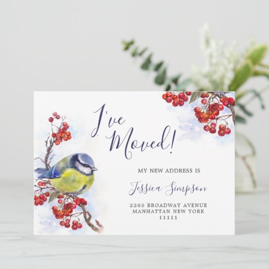 Wasserfarbe Winter Redberry Tit Bird Moving Ankündigung (Stehend Vorderseite)