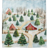 Wasserfarbe Winter Rustikale Landschaft mit Bäumen Duschvorhang (Vorderseite)