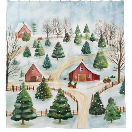 Wasserfarbe Winter Rustikale Landschaft mit Bäumen Duschvorhang (Vorderseite)