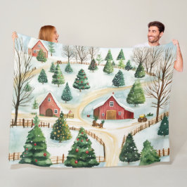 Wasserfarbe Winter Rustikale Landschaft mit Bäumen Fleecedecke