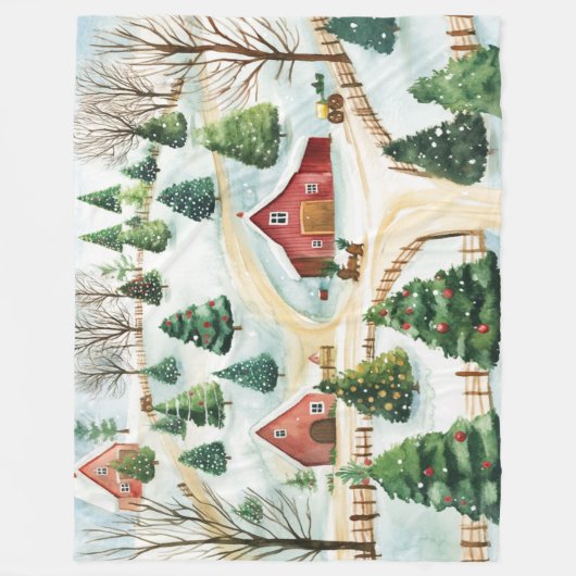 Wasserfarbe Winter Rustikale Landschaft mit Bäumen Fleecedecke (Vorderseite)