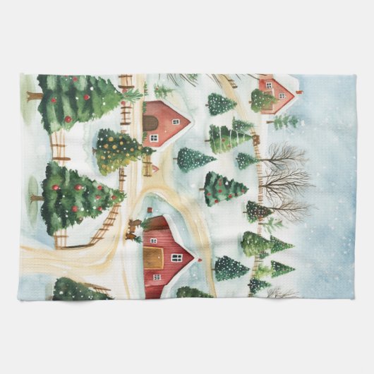 Wasserfarbe Winter Rustikale Landschaft mit Bäumen Geschirrtuch (Horizontal)