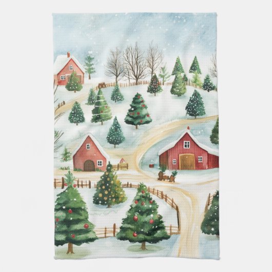 Wasserfarbe Winter Rustikale Landschaft mit Bäumen Geschirrtuch (Vertikal)