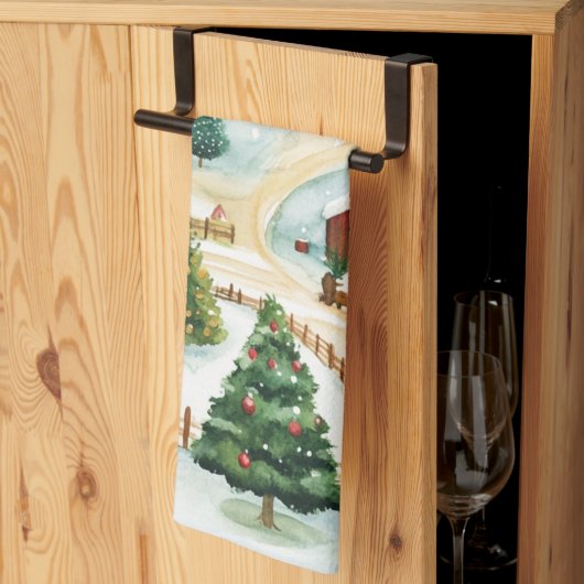 Wasserfarbe Winter Rustikale Landschaft mit Bäumen Geschirrtuch (Drittel gefaltet)