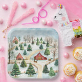 Wasserfarbe Winter Rustikale Landschaft mit Bäumen Pappteller (Party)