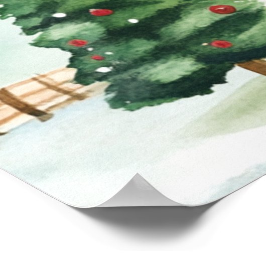 Wasserfarbe Winter Rustikale Landschaft mit Bäumen Poster (Ecke)