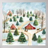 Wasserfarbe Winter Rustikale Landschaft mit Bäumen Poster (Vorne)