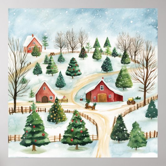 Wasserfarbe Winter Rustikale Landschaft mit Bäumen Poster (Vorne)