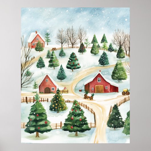 Wasserfarbe Winter Rustikale Landschaft mit Bäumen Poster (Vorne)