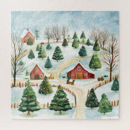 Wasserfarbe Winter Rustikale Landschaft mit Bäumen Puzzle