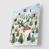 Wasserfarbe Winter Rustikale Landschaft mit Bäumen Quadratische Wanduhr (Winkel)