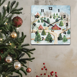 Wasserfarbe Winter Rustikale Landschaft mit Bäumen Quadratische Wanduhr