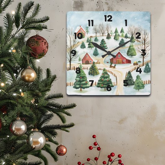 Wasserfarbe Winter Rustikale Landschaft mit Bäumen Quadratische Wanduhr