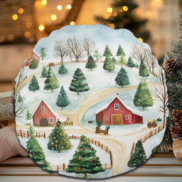 Wasserfarbe Winter Rustikale Landschaft mit Bäumen Rundes Kissen