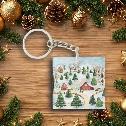 Wasserfarbe Winter Rustikale Landschaft mit Bäumen Schlüsselanhänger
