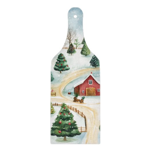 Wasserfarbe Winter Rustikale Landschaft mit Bäumen Schneidebrett (Vorderseite)