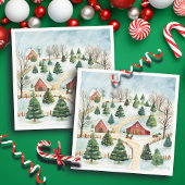 Wasserfarbe Winter Rustikale Landschaft mit Bäumen Serviette