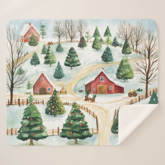 Wasserfarbe Winter Rustikale Landschaft mit Bäumen Sherpadecke (Vorderseite (Horizontal))