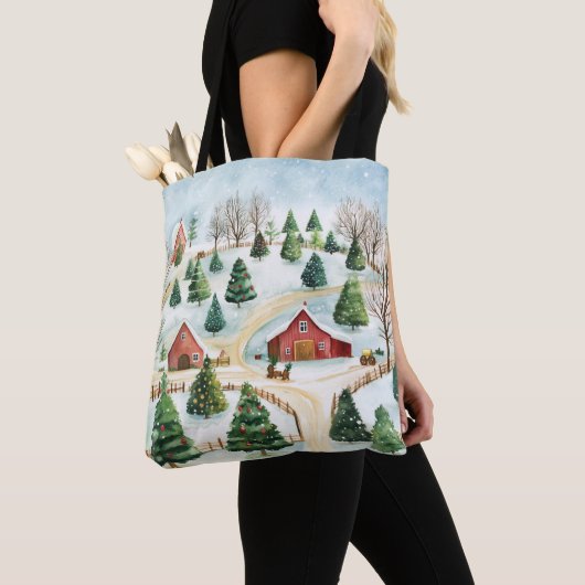 Wasserfarbe Winter Rustikale Landschaft mit Bäumen Tasche (Von Nahem)